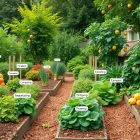 A lush vegetable garden with raised beds, labeled plants, fruit trees, and vegetables like pumpkins, leafy greens, and herbs, surrounded by mulch paths and greenery on a sunny day.