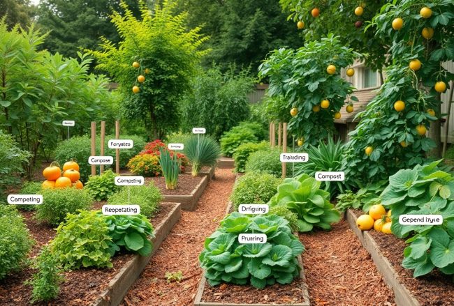 A lush vegetable garden with raised beds, labeled plants, fruit trees, and vegetables like pumpkins, leafy greens, and herbs, surrounded by mulch paths and greenery on a sunny day.
