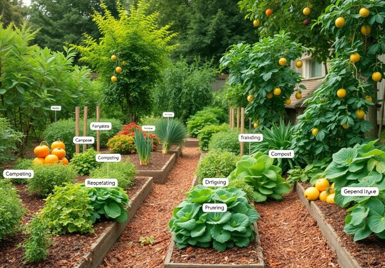 A lush vegetable garden with raised beds, labeled plants, fruit trees, and vegetables like pumpkins, leafy greens, and herbs, surrounded by mulch paths and greenery on a sunny day.