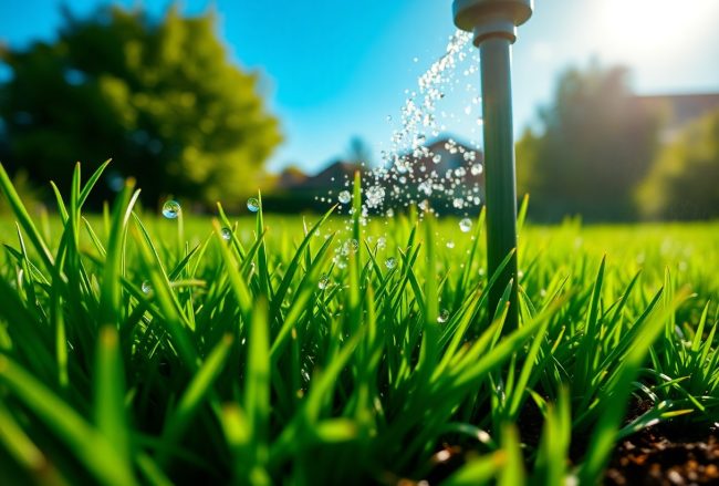 Close-up of green grass being watered by a sprinkler, with water droplets in the air; trees and houses are visible in the blurred background under a bright blue sky.