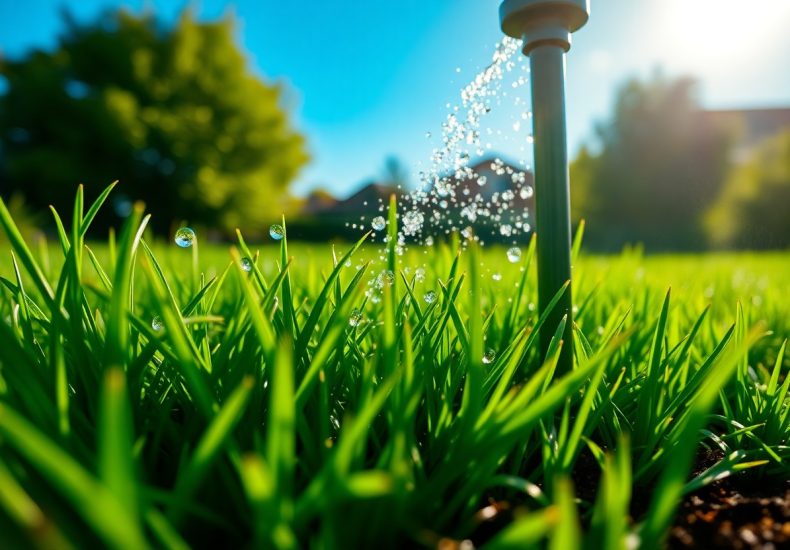 Close-up of green grass being watered by a sprinkler, with water droplets in the air; trees and houses are visible in the blurred background under a bright blue sky.