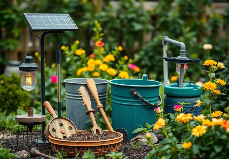 A garden scene with a solar-powered lamp, gardening tools, blue buckets, and a water pump, surrounded by colorful flowers and green plants in the background.