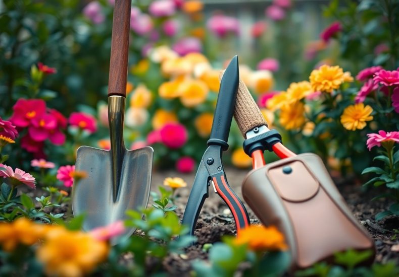 A small shovel, pruning shears, and gardening gloves are arranged on soil among colorful blooming flowers in a vibrant garden. The tools are in focus, while the flowers blur softly in the background.
