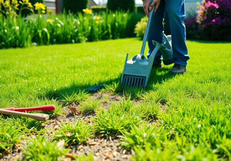 A person using a gardening tool to remove weeds from a green lawn, with a watering can nearby and garden tools lying on the grass. Bright flowers and plants are in the background on a sunny day.