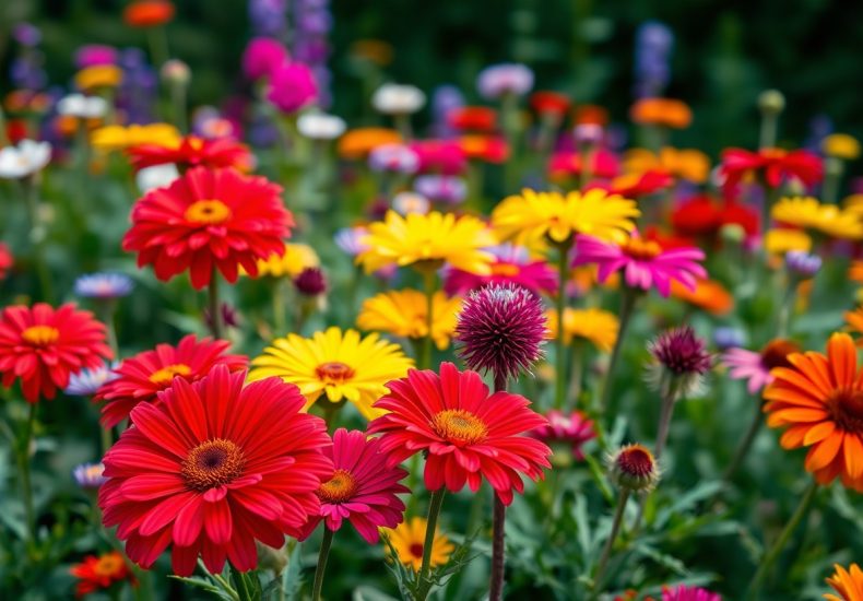 A vibrant garden filled with blooming flowers in shades of red, orange, yellow, and purple, set against a background of green foliage and softly blurred colorful blooms.