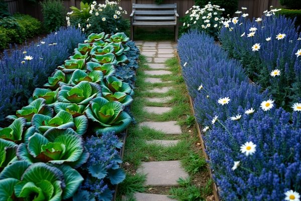A garden path made of stone slabs leads to a wooden bench, with rows of cabbages on the left and blooming purple and white flowers, including daisies, on both sides. A wooden fence lines the back.
