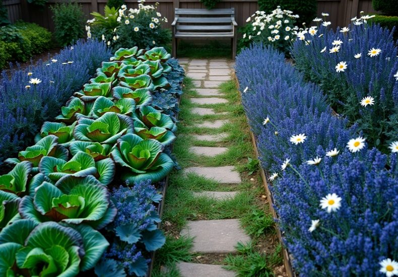 A garden path made of stone slabs leads to a wooden bench, with rows of cabbages on the left and blooming purple and white flowers, including daisies, on both sides. A wooden fence lines the back.