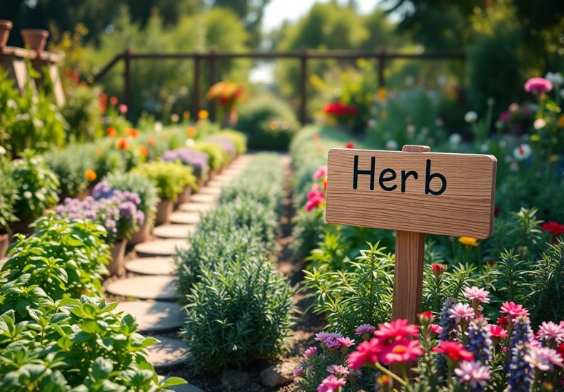 A wooden sign labeled Herb stands in a lush garden with neatly arranged herb plants and colorful flowers, stone path, and greenery in the background under bright sunlight.