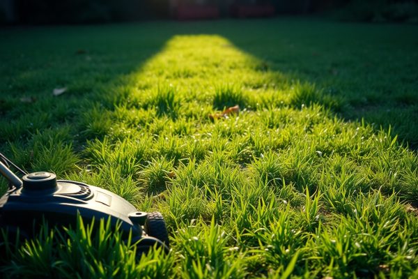 A close-up of a lawn mower on grass, with a distinct, sunlit path of freshly cut grass extending across the yard, contrasting with the uncut, longer grass.