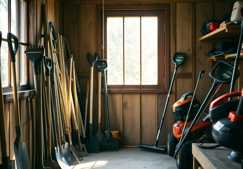 A wooden shed with sunlight streaming through a window, showing neatly organized garden tools like shovels, rakes, brooms, and power equipment on shelves and leaning against the walls.