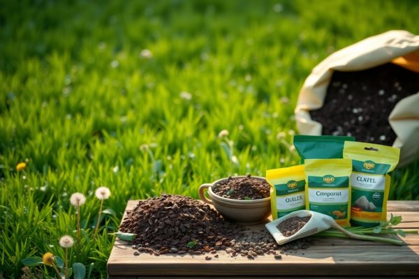 A wooden table outdoors displays soil, a scoop, onion bulbs, and packets labeled compost, with a bag of soil and green grass in the background. Dandelions and sunlight add to the garden scene.