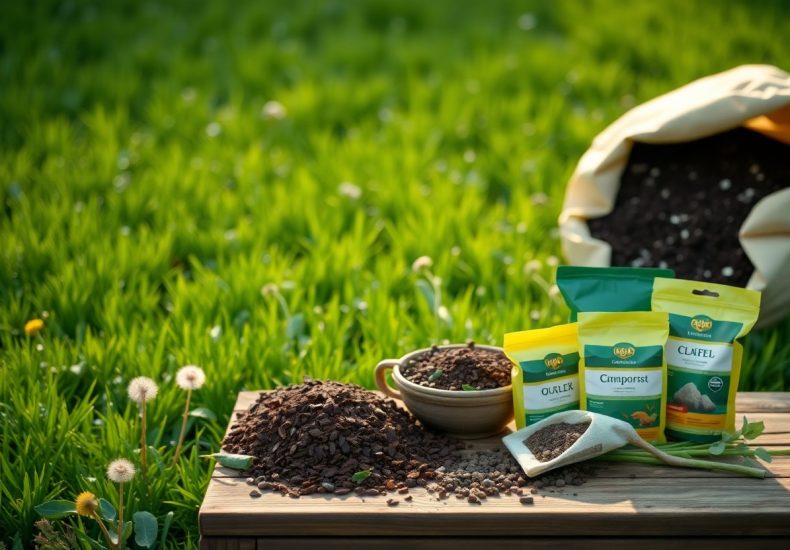 A wooden table outdoors displays soil, a scoop, onion bulbs, and packets labeled compost, with a bag of soil and green grass in the background. Dandelions and sunlight add to the garden scene.