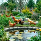 Chickens roam and peck around a vibrant garden with flowers and shrubs, next to a small pond with lily pads. A wooden fence and green trees are visible in the background.