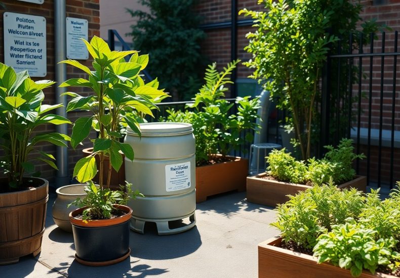 Potted plants and herbs are arranged on a sunny patio with a water butt for rainwater collection. Signs on the wall in the background give directions and information. A brick building and black metal fence are visible.