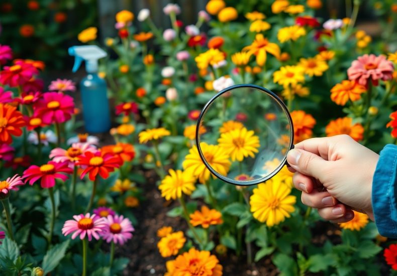 A hand holds a magnifying glass over brightly colored flowers in a garden, magnifying the petals. A blue spray bottle is visible in the background among the lush, blooming plants.