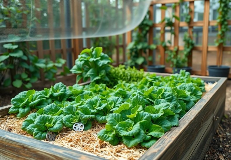 A raised garden bed filled with lush green leafy vegetables, mulched with straw, set in a backyard with a wooden trellis and netting above. Potted plants are visible in the background.