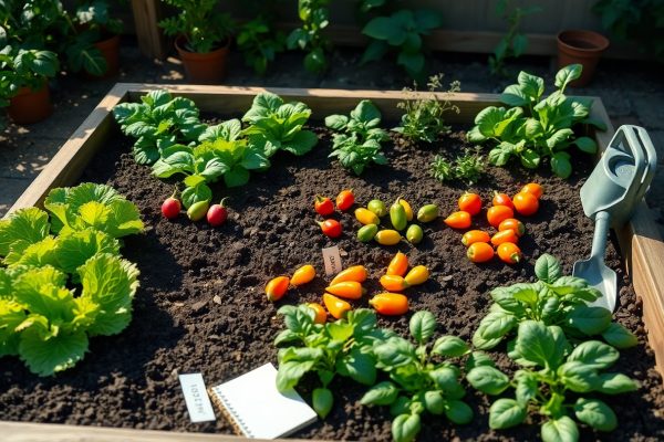 A raised garden bed with leafy greens, herbs, and various colorful tomatoes is shown. A small trowel and a notepad rest on the soil. Potted plants sit in the background.