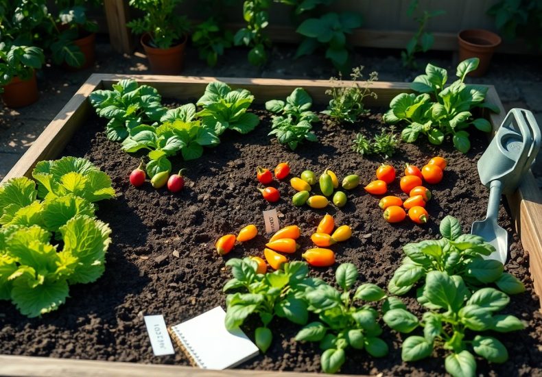 A raised garden bed with leafy greens, herbs, and various colorful tomatoes is shown. A small trowel and a notepad rest on the soil. Potted plants sit in the background.