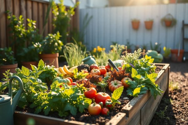 A raised garden bed filled with leafy greens, tomatoes, and other vegetables is bathed in sunlight. Watering cans and gardening tools are nearby, with more plants and potted herbs in the background against a wooden fence.