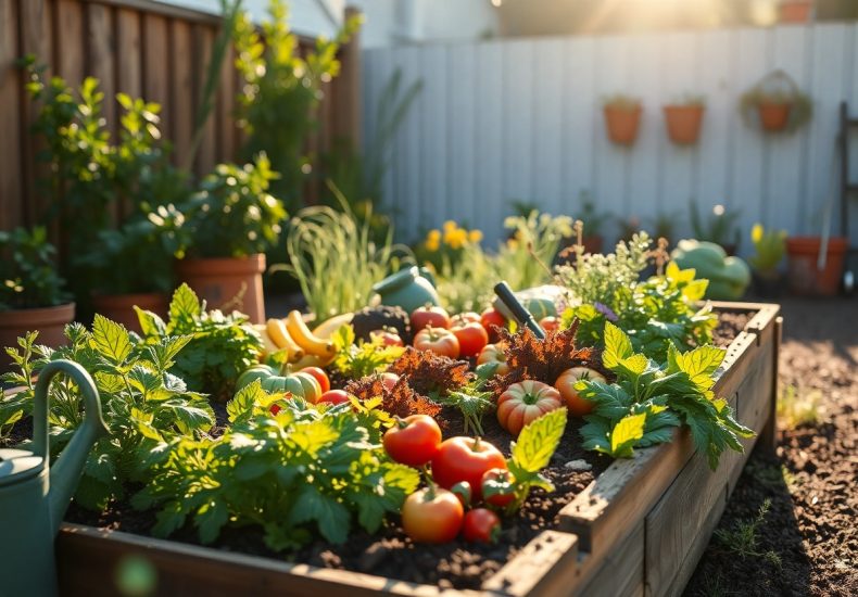 A raised garden bed filled with leafy greens, tomatoes, and other vegetables is bathed in sunlight. Watering cans and gardening tools are nearby, with more plants and potted herbs in the background against a wooden fence.