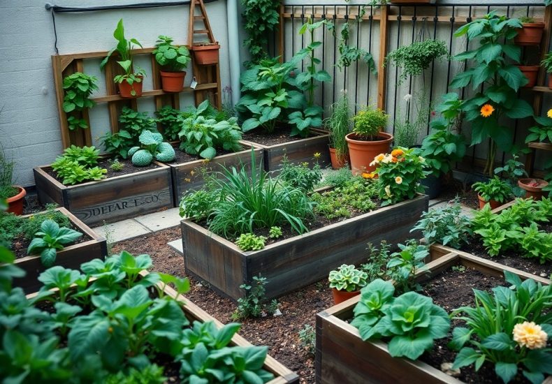 A small urban garden features raised wooden beds filled with various leafy greens, herbs, and flowers. Potted plants and trellises with climbing vines line the walls, creating a lush, organized planting space.