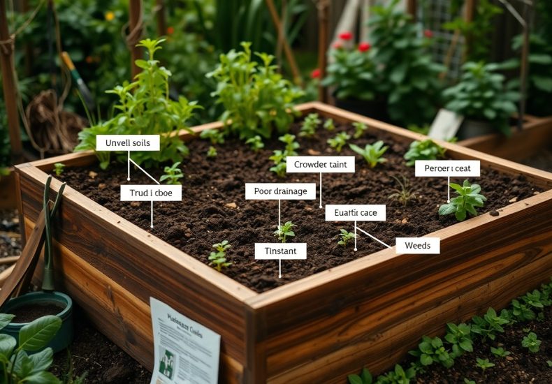 A raised wooden garden bed with young plants and labeled markers pointing to soil issues like weeds, poor drainage, and plant names. The background shows green foliage and some flowering plants.
