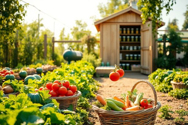 Baskets filled with fresh tomatoes, carrots, and vegetables sit in a sunny garden, with green plants growing in rows and a wooden shed with jars on shelves in the background.