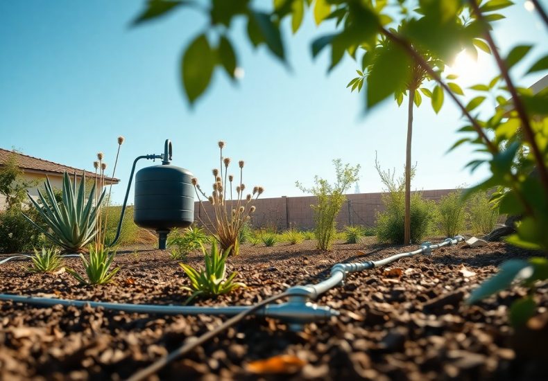 A backyard with drought-tolerant plants, drip irrigation tubes on the ground, and a black water tank. The scene is bright and sunny, with a fence and house visible in the background.