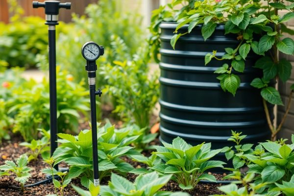 A garden with leafy green plants, a water barrel, and black irrigation pipes, one featuring a pressure gauge, indicating a system for monitoring and distributing water to the plants.