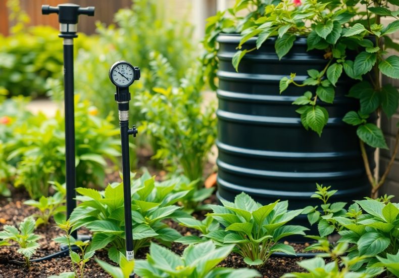 A garden with leafy green plants, a water barrel, and black irrigation pipes, one featuring a pressure gauge, indicating a system for monitoring and distributing water to the plants.