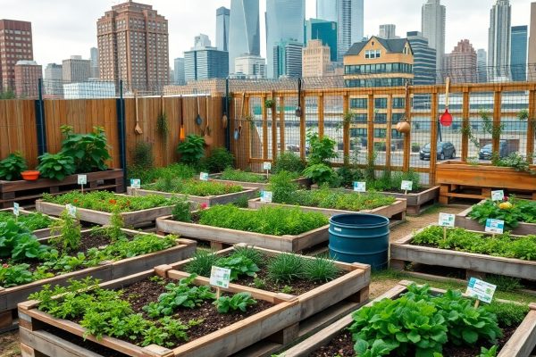 A rooftop garden with raised wooden beds filled with various vegetables and herbs, plant markers, a blue barrel, and tall city buildings in the background under a cloudy sky.