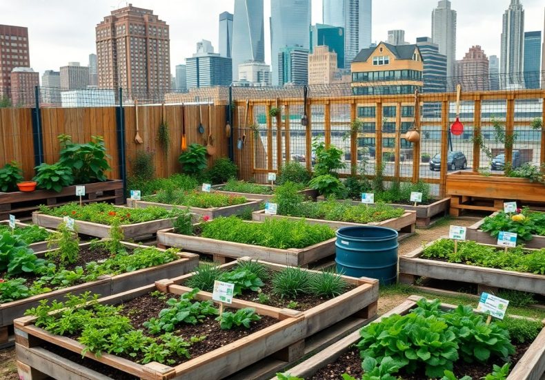 A rooftop garden with raised wooden beds filled with various vegetables and herbs, plant markers, a blue barrel, and tall city buildings in the background under a cloudy sky.