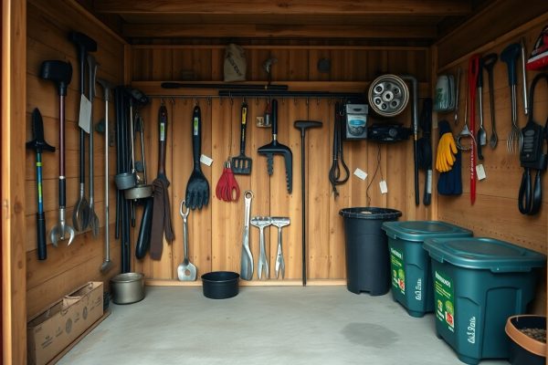 A neatly organized wooden shed interior with various gardening tools hanging on the wall, green bins, black trash cans, gloves, and other equipment arranged tidily against the walls.