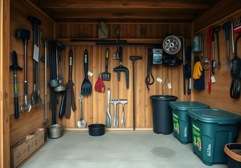 A neatly organized wooden shed interior with various gardening tools hanging on the wall, green bins, black trash cans, gloves, and other equipment arranged tidily against the walls.