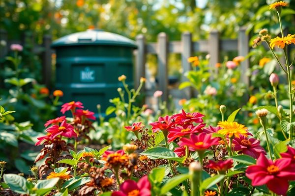 Brightly colored flowers bloom in a garden with a green compost bin and a wooden fence in the background. Sunlight filters through trees, creating a vibrant and lush outdoor scene.