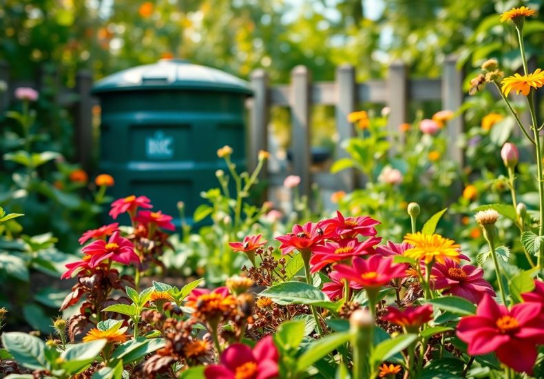 Brightly colored flowers bloom in a garden with a green compost bin and a wooden fence in the background. Sunlight filters through trees, creating a vibrant and lush outdoor scene.