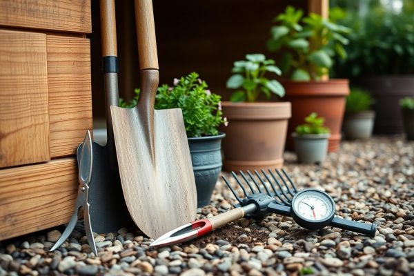 A set of gardening tools, including shovels, pruning shears, a rake, and a soil meter, lies on gravel next to potted plants and a wooden planter box in an outdoor garden setting.