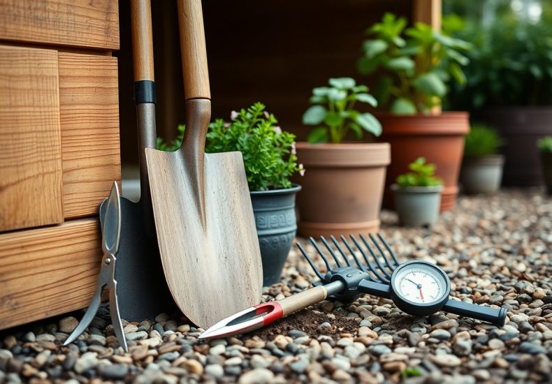 A set of gardening tools, including shovels, pruning shears, a rake, and a soil meter, lies on gravel next to potted plants and a wooden planter box in an outdoor garden setting.