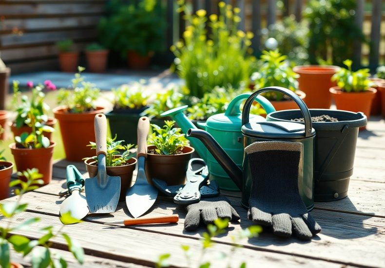 Gardening tools, gloves, a watering can, and potted plants are arranged on a wooden table outdoors with more greenery and sunlight in the background.