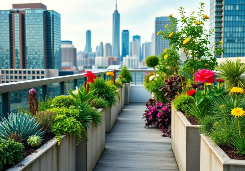 A rooftop garden with vibrant flowers and lush plants in raised beds overlooks a city skyline with tall modern buildings and a prominent skyscraper in the background.