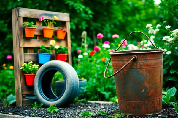 A rusty metal bucket sits on gravel in a garden with colorful flowers. In the background, small potted plants are arranged on a wooden pallet, and a painted tire lies on the ground among the greenery.