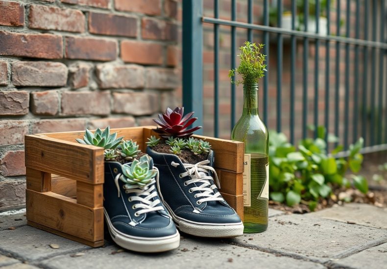 A pair of navy blue sneakers filled with succulents sits in a wooden crate on a sidewalk next to a green glass bottle with plants inside, against a brick wall and metal fence.