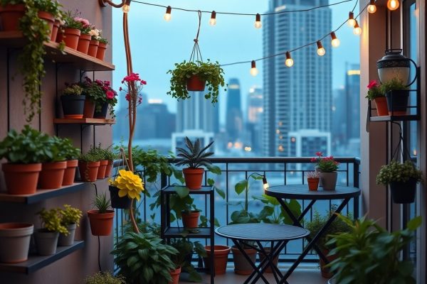 A cozy balcony garden with potted plants, a small round table and two chairs, string lights overhead, and a city skyline in the background at dusk.