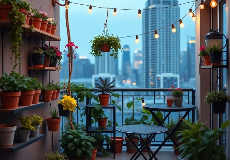A cozy balcony garden with potted plants, a small round table and two chairs, string lights overhead, and a city skyline in the background at dusk.