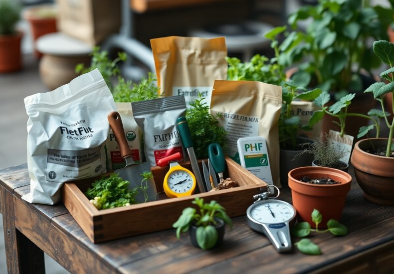 A wooden table with gardening supplies, potted plants, herb seedlings, seed packets, small tools, timers, and a wooden tray, set in a bright, indoor garden environment.