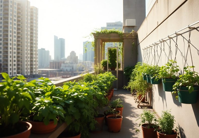 A sunny balcony garden in a city, with potted plants and herbs on the floor and hanging pots on the wall. Tall buildings are visible in the background under a clear sky.