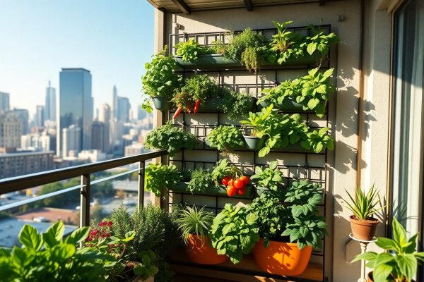 A sunny urban balcony with a vertical garden featuring lush herbs and vegetables in pots, overlooking a city skyline of tall buildings under a clear blue sky.