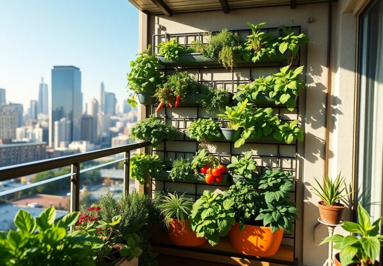 A sunny urban balcony with a vertical garden featuring lush herbs and vegetables in pots, overlooking a city skyline of tall buildings under a clear blue sky.