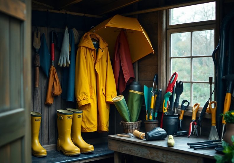 A cozy garden shed with yellow rain boots, a raincoat, and an umbrella by the door. Gardening tools, gloves, and supplies are neatly organized on hooks and a wooden bench by a window letting in daylight.