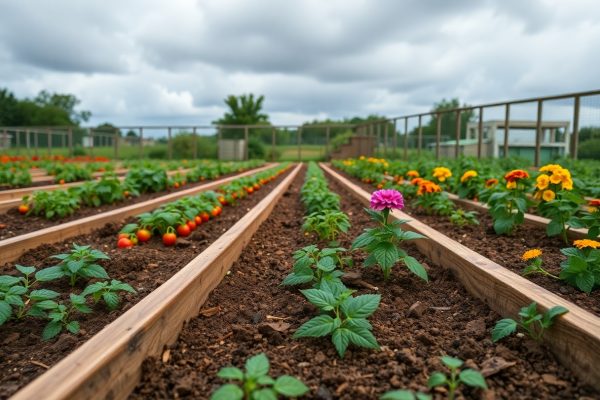 Vegetable garden with wooden raised beds, rows of leafy plants, ripe red tomatoes, and colorful flowers. The sky is cloudy, and there are fences and buildings in the background.